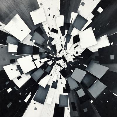 The primary subject of the image is a black and white artistic representation of a white circle with black squares surrounding it. The setting is a black and white background, which adds to the artistic and visually striking nature of the scene. The visual style is a combination of digital art and illustration, creating a unique and intriguing composition. The colors and mood of the image are predominantly black and white, with a sense of depth and complexity in the arrangement of the white circle and black squares.